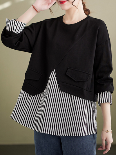 Women's Black Striped Splicing Sweater Top