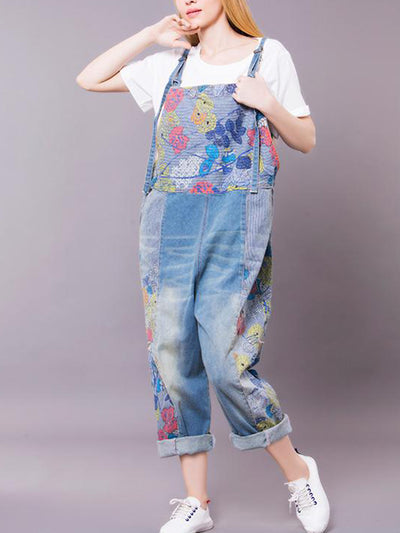 Dungarees cotton denim ripped jeans floral vintage retro style overall