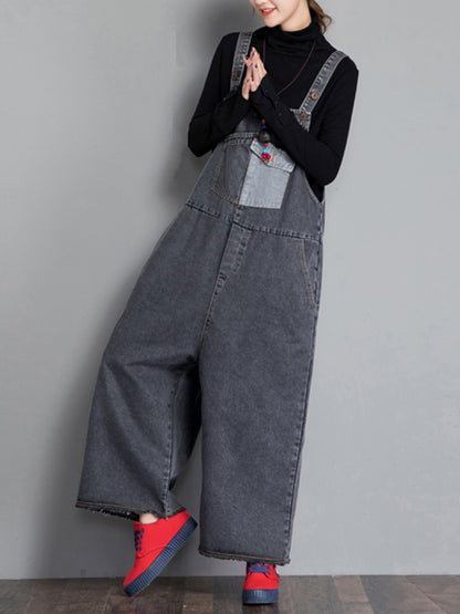 Dungarees cotton denim ripped jeans floral vintage retro style overall