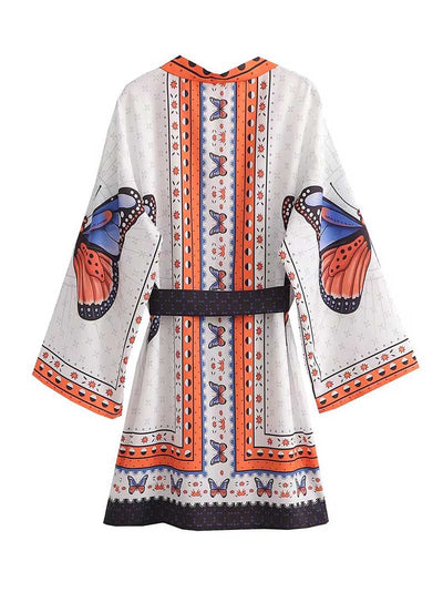 Jacket Style Short Kimono With Butterfly Print Gown Robe