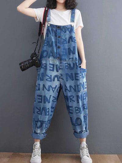Denim Alphabets Letter Print Overalls Dungaree