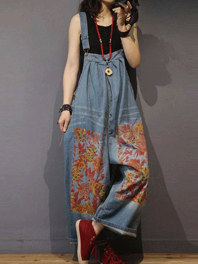 Dungarees, cotton ,  floral , vintage retro style, overall, Thick, Non-stretchable