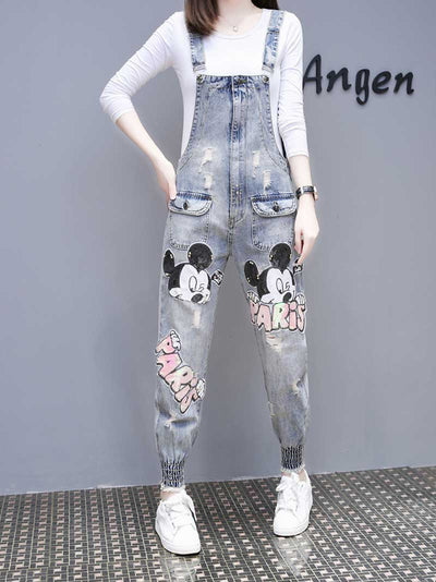 Dungarees cotton denim jeans ,vintage retro style overall, Adjustable straps, Printed. Double side pockets, Mickey Mouse print
