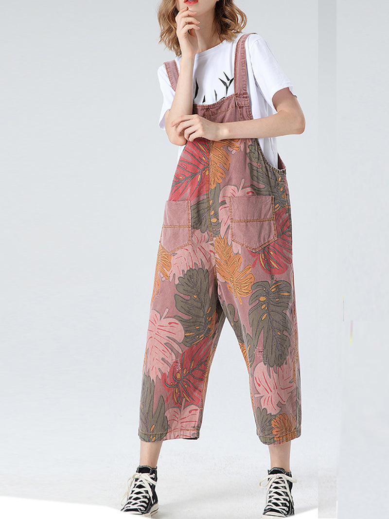 Dungarees cotton denim ripped jeans floral vintage retro style overall