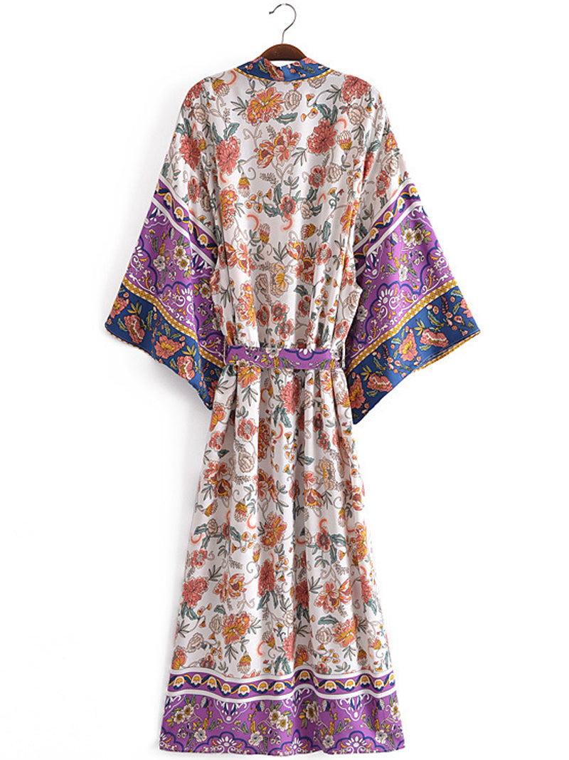 Evatrends cotton gown robe printed kimonos, Outerwear, cotton, Nightwear, long kimono, Long Sleeves, loose fitting, V collar, Floral Print, Belted