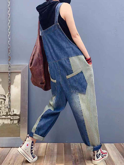 Dungarees cotton denim ripped jeans floral vintage retro style overall, Back and side pockets