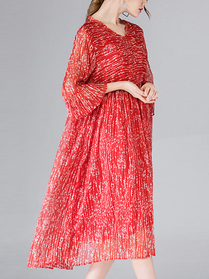 Luisa Vintage Contrasting Vestido midi de cintura floral con cuello en V con mangas de campana