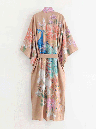 Evatrends cotton gown robe printed kimonos, Outerwear, Cotton, Viscose & Silk Mix, Nightwear, long kimono, Long Sleeves, loose fitting, Peacock King Floral & Bird Printed, Belted,