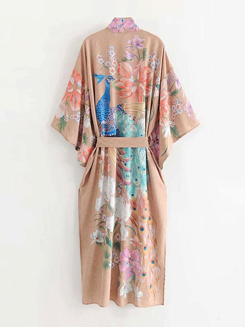 Evatrends cotton gown robe printed kimonos, Outerwear, Cotton, Viscose & Silk Mix, Nightwear, long kimono, Long Sleeves, loose fitting, Peacock King Floral & Bird Printed, Belted,