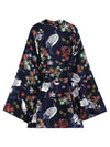 Evatrends cotton gown robe printed kimonos, Outerwear, Polyester,  Party wear, Short kimono, Board Sleeves, loose fitting, Swimwear, Printed, Birds + Floral, Belted, Dark-Blue color
