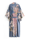 Evatrends cotton gown robe printed kimonos, Outerwear, Cotton, Viscose & Silk Mix, Nightwear, long kimono, Long Sleeves, loose fitting, Floral print, Big Bird on back Belted,