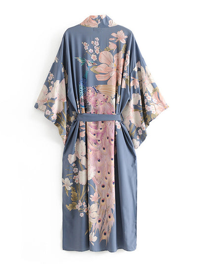 Evatrends cotton gown robe printed kimonos, Outerwear, Cotton, Viscose & Silk Mix, Nightwear, long kimono, Long Sleeves, loose fitting, Floral print, Big Bird on back Belted,