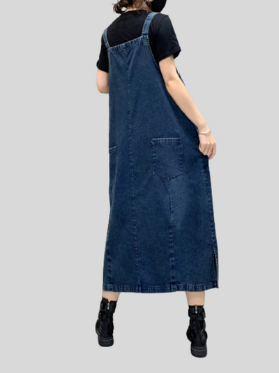 Women's Denim Midi-Length Over-The-Knee Casual Salopette Dress
