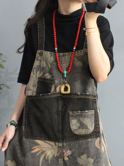 Dungarees cotton denim ripped jeans floral vintage retro style overall