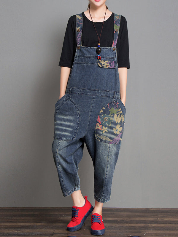 Dungarees, cotton denim, floral vintage, Front and back pockets, retro style overall, Printed