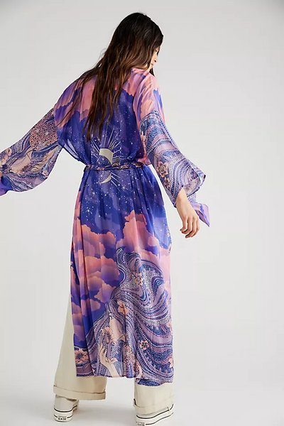 Summer Partywear Floral With Moon Print Purple  Color Silk Long Length Gown Kimono Duster Robe