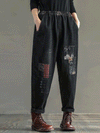 Denim Black Jogger Pants With Patchwork and Elastic Waist