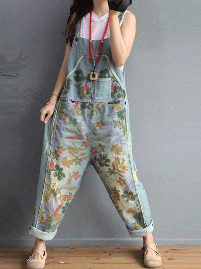 Dungarees, cotton denim, floral print, vintage retro style overall, Front and Back Pockets, Non-Stretchable, Thick, Double Side Pockets, Sleeveless