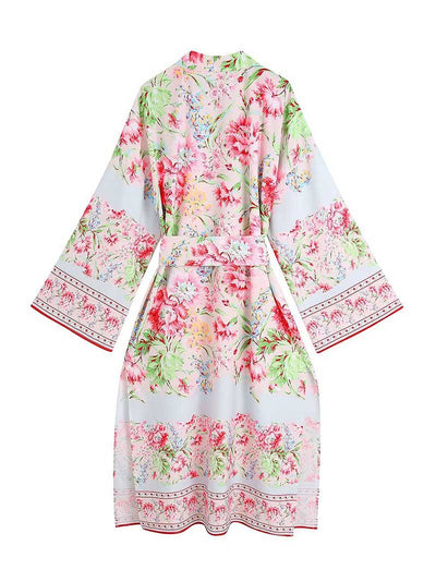 Summer Wear White Printed Long Duster Robe Kimono