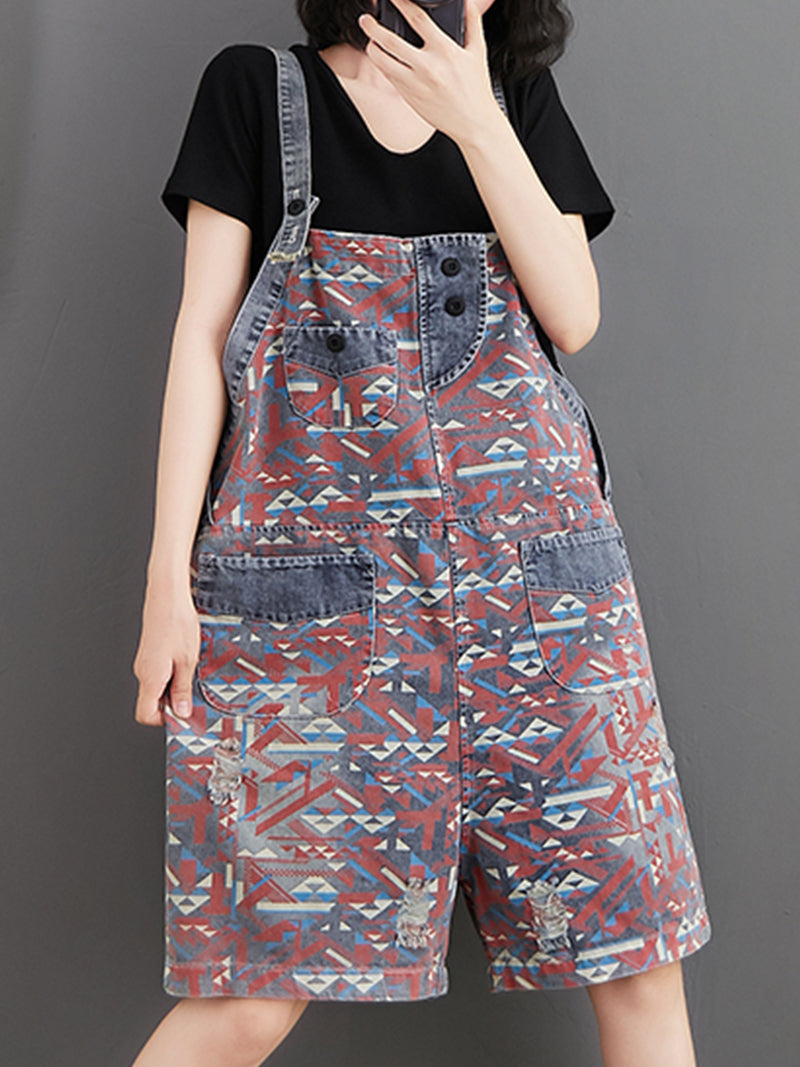 Dungarees cotton denim, vintage retro style overall, double side pocket, printed