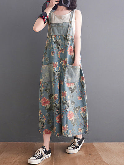 Dungarees cotton denim, Trouser, floral ,vintage retro style overall, double pockets, floral printed