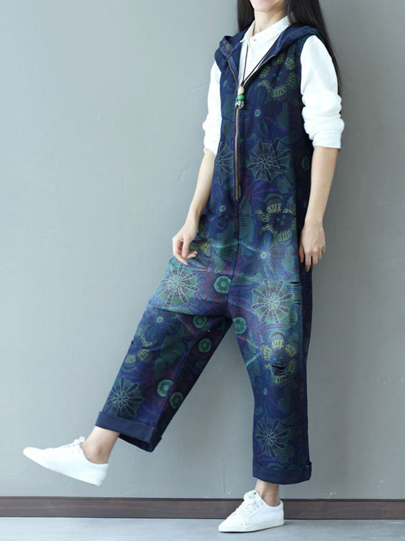 Dungarees cotton denim ripped jeans floral vintage retro style overall