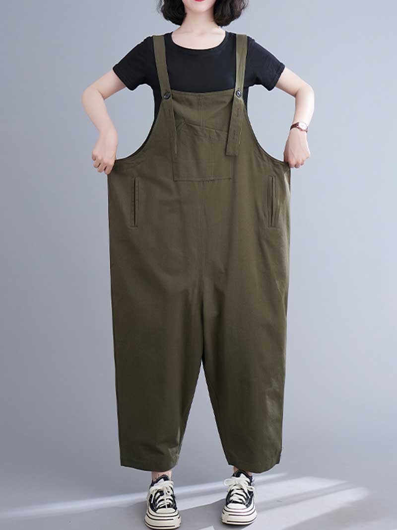 Western-style Plain Cotton Sleeveless Overalls Dungaree