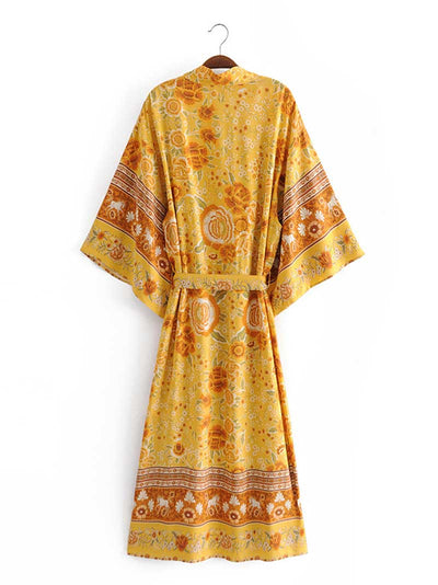 Swimwear Floral Printed Yellow Long Kimono