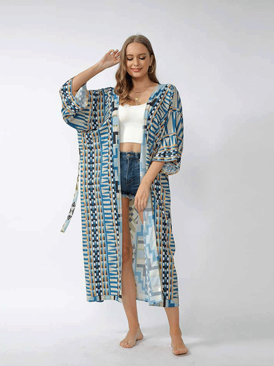 Evatrends cotton gown robe printed kimonos, Outerwear, polyester, Nightwear, long kimono, Board Sleeves, loose fitting, printed, Belted