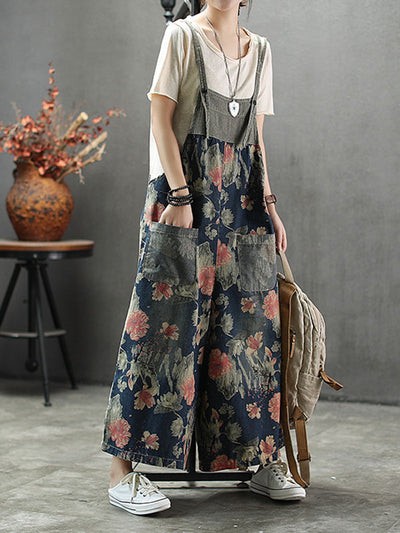 Dungarees cotton denim ripped jeans floral vintage retro style overall