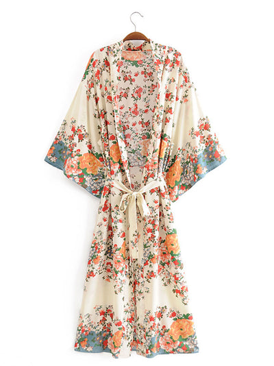 Evatrends cotton gown robe printed kimonos, Outerwear, Cotton, Nightwear, long kimono, Board Sleeves, loose fitting, Floral print, Belted