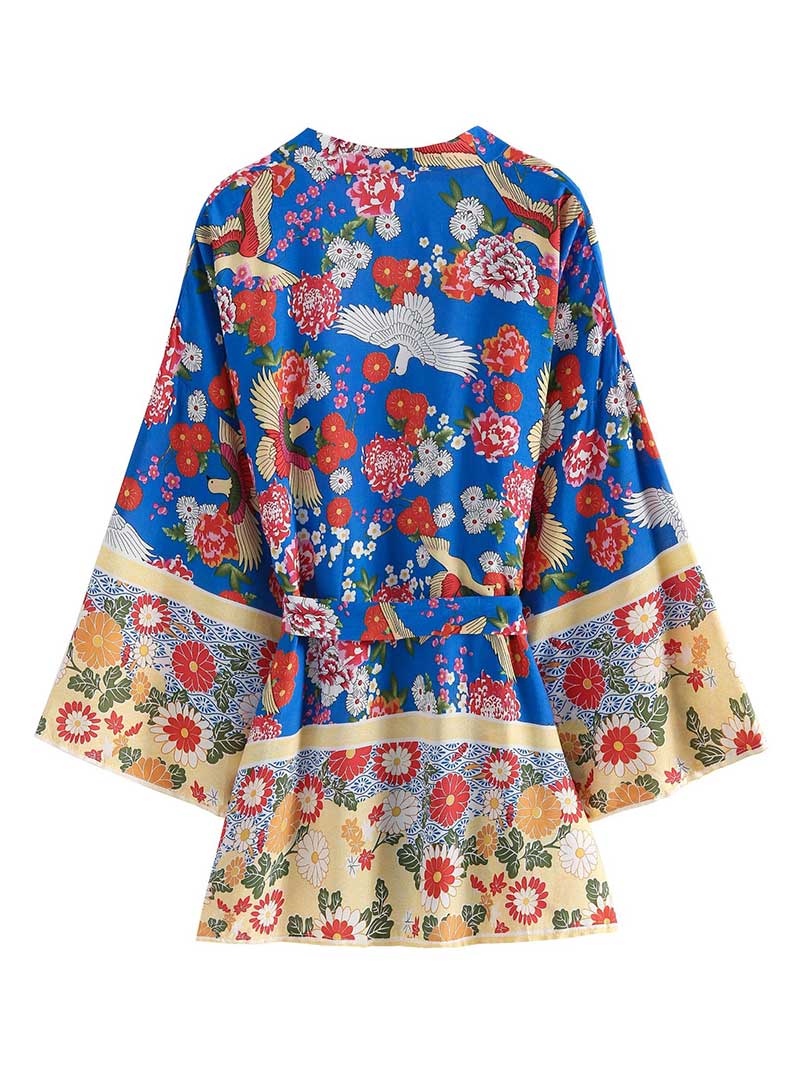 Nightwear Floral With Birds Print Short Kimono