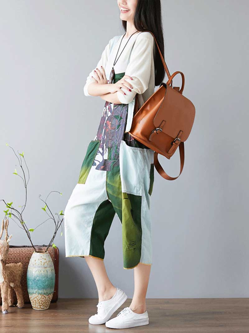 Colorblock Patch Cotton Overalls with Cropped Trousers