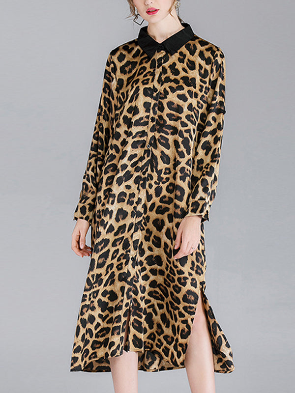 Ivy Vintage Contrasting Lapel Neck Animal Print Buttoned Belted Midi Dress