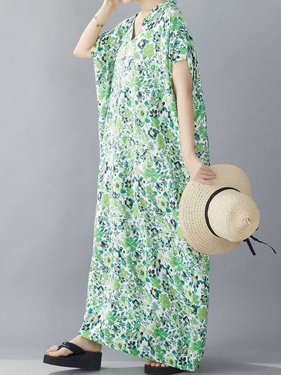 Evatrends kaftan, Rayon, V-neck, Printed, Short sleeves, Printed Kaftan Dress, Floral Print, Loose Waist, Long Dress, Beachwear Dress