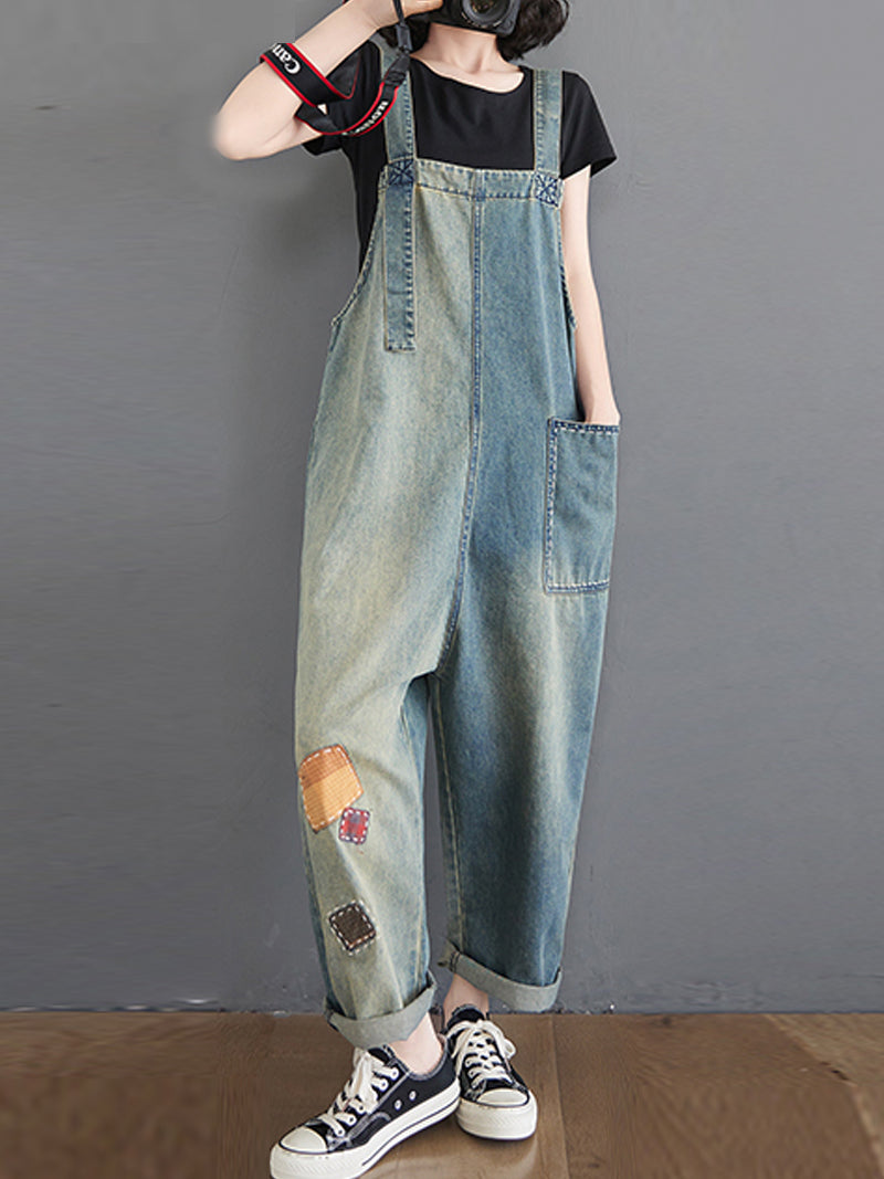 Dungarees cotton denim ripped jeans floral vintage retro style overall