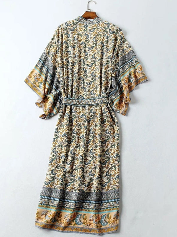 Evatrends cotton gown robe printed kimonos, Outerwear, Cotton, Viscose, Nightwear, Bordered trim, sleeves & bottom, long kimono, Kimono Broad sleeves with armpit opening, loose fitting, Bohemian Floral 
