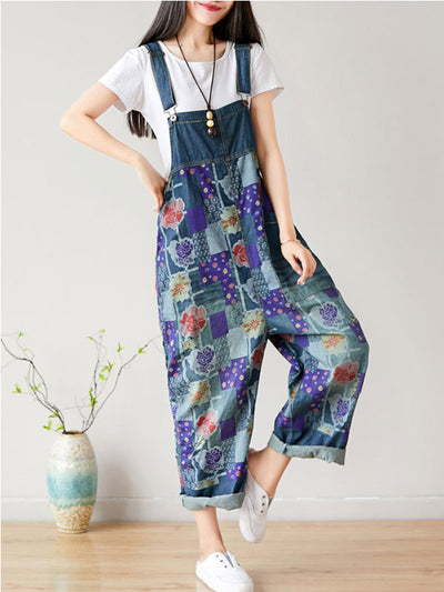 Dungarees cotton denim ripped jeans floral vintage retro style overall