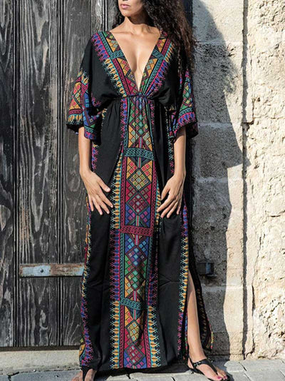 Bohemian Print Cotton Kaftan Dress