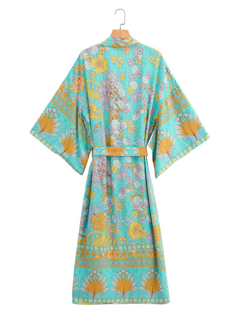 Evatrends cotton gown robe printed kimonos, Outerwear,  Nightwear, Long kimono, Board Sleeves, loose fitting, Printed, Floral , Belted