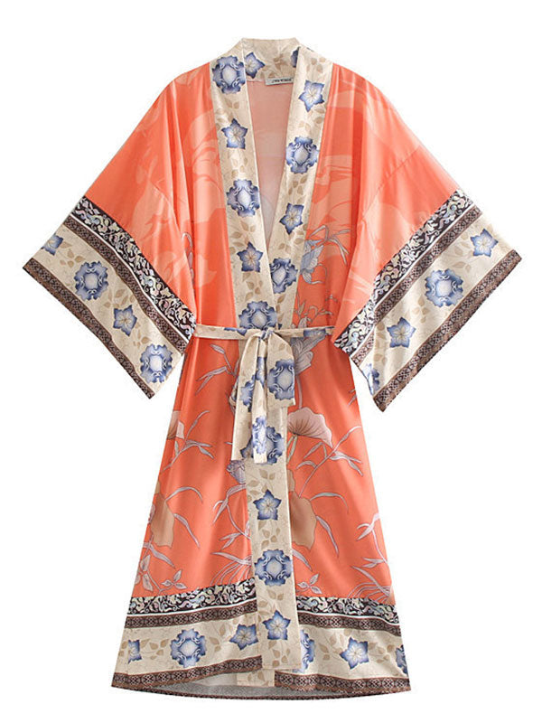 Evatrends cotton gown robe printed kimonos, Outerwear, Cotton, Viscose & Silk Mix , Nightwear, long kimono, Short Sleeves, loose fitting, Floral Print, Belted