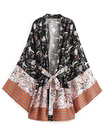 Evatrends cotton gown robe printed kimonos, Outerwear, Cotton,  Party wear, Short kimono, Board Sleeves, loose fitting, Swimwear, Printed, Birds + Floral, Belted, Black color
