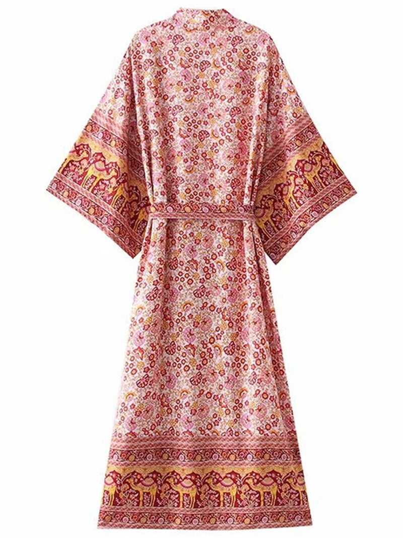 Evatrends cotton gown robe printed kimonos, Outerwear, Cotton, Nightwear, long kimono, Kimono Broad sleeves, Three Quarter Sleeve, loose fitting, floral Print, Belted