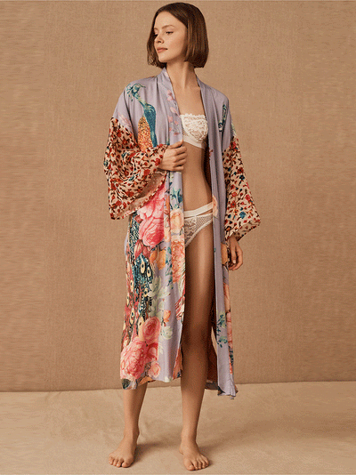 Evatrends cotton gown robe printed kimonos, Party wear, Gown style, Outerwear, Polyester, Nightwear, Long kimono, Board Sleeves, Multicolor, loose fitting, Peacock Print