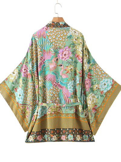 Evatrends cotton gown robe printed kimonos, Outerwear, Cotton, Nightwear, short kimono, Short sleeves, Broad Sleeves, Green color, loose fitting, Printed, Belted, Floral