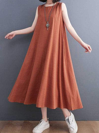 Plain Cotton Sleeveless Midi Dress