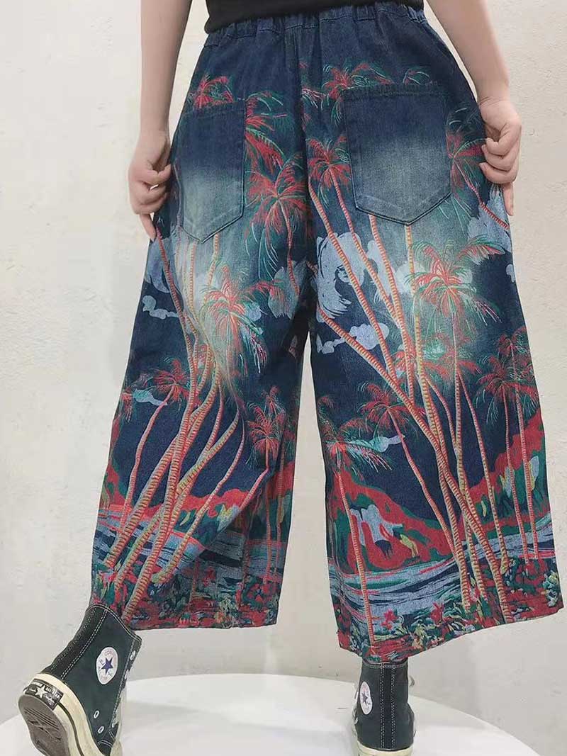 Evatrends Denim Cotton Pants, Bottom, Nine-Points Wide-Leg , Double side Pockets, Ethnic Print, Trouser Pant, Wide-Leg Jeans Trouser pant, Tree Print