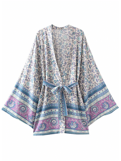 Evatrends cotton gown robe printed kimonos, Outerwear, Polyester, Nightwear, Short kimono, Broad Sleeves, Light-Blue, loose fitting, Printed, Belted, Floral