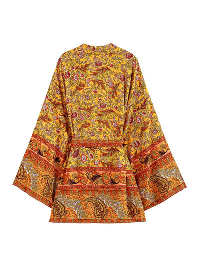 Night Wear Floral Print Yellow Cotton Short Kimono Gown Robe