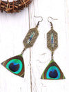 Dangling Druzy Peacock Feather Earrings